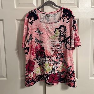 U60- CJBanks Pink Black Butterfly Floral Tee Rhinestones Short Sleeve Top Sz 2X